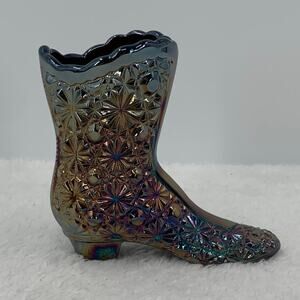 Vtg 4" Fenton Iridescent Amethyst Carnival Glass Daisy & Button Victorian Boot